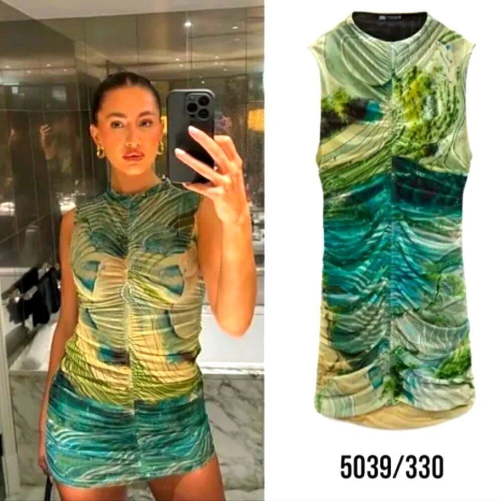 ZARA PRINTED TULLE DRESS GREEN - Picture 2 of 16